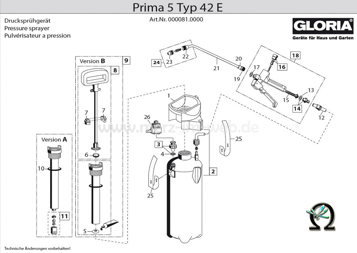 Die Ersatzteilzeichnung mit der Teileliste für das Drucksprühgerät Gloria prima 5 Typ 42 E zum herunterladen und ausdrucken.