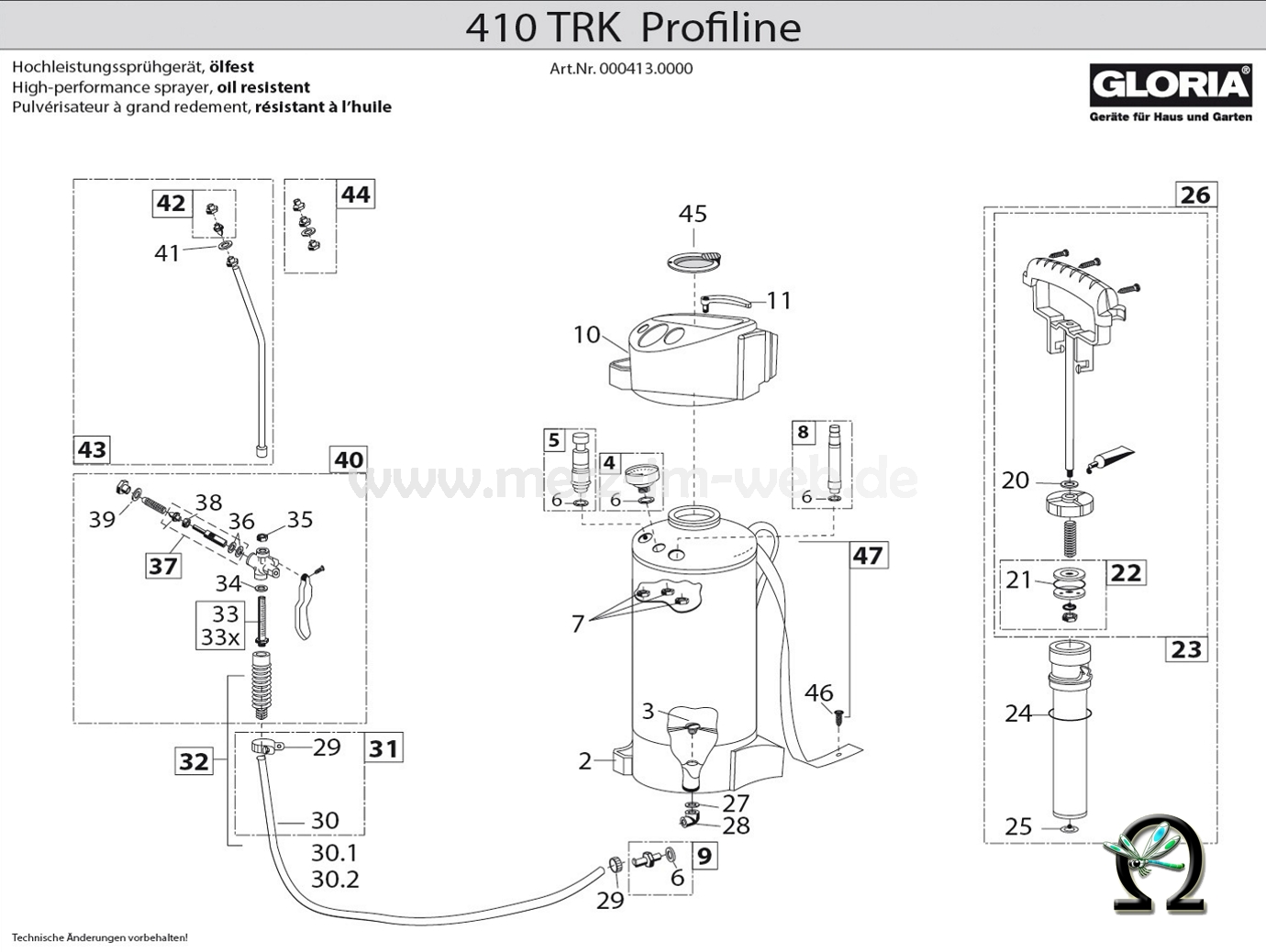 Gloria Hochdrucksprühgerät 410 TRK Profiline Zeichnung der Einzelteile