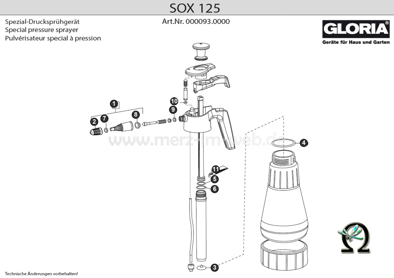 Gloria Spezial-Drucksprüher SOX 125 Zeichnung der Einzelteile
