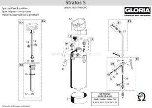 Drucksprühgerät Gloria Airstar Stratos 5 (GL-000179.0000), Zeichnung der Einzelteile