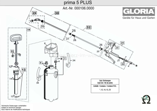 Explosionszeichnung mit Ersatzteilliste für das Drucksprühgerät Gloria Prima 5 Plus