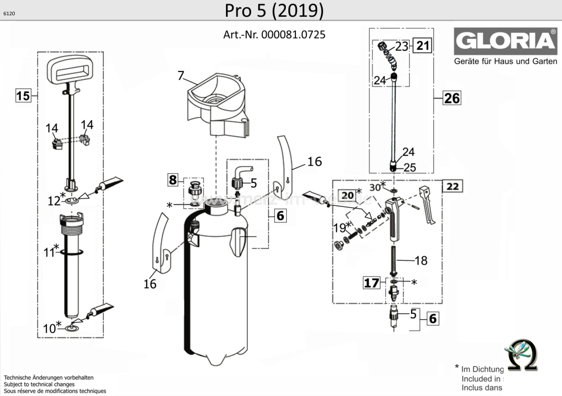 Drucksprühgerät Gloria Pro 5 ab 2019, Zeichnung der Einzelteile