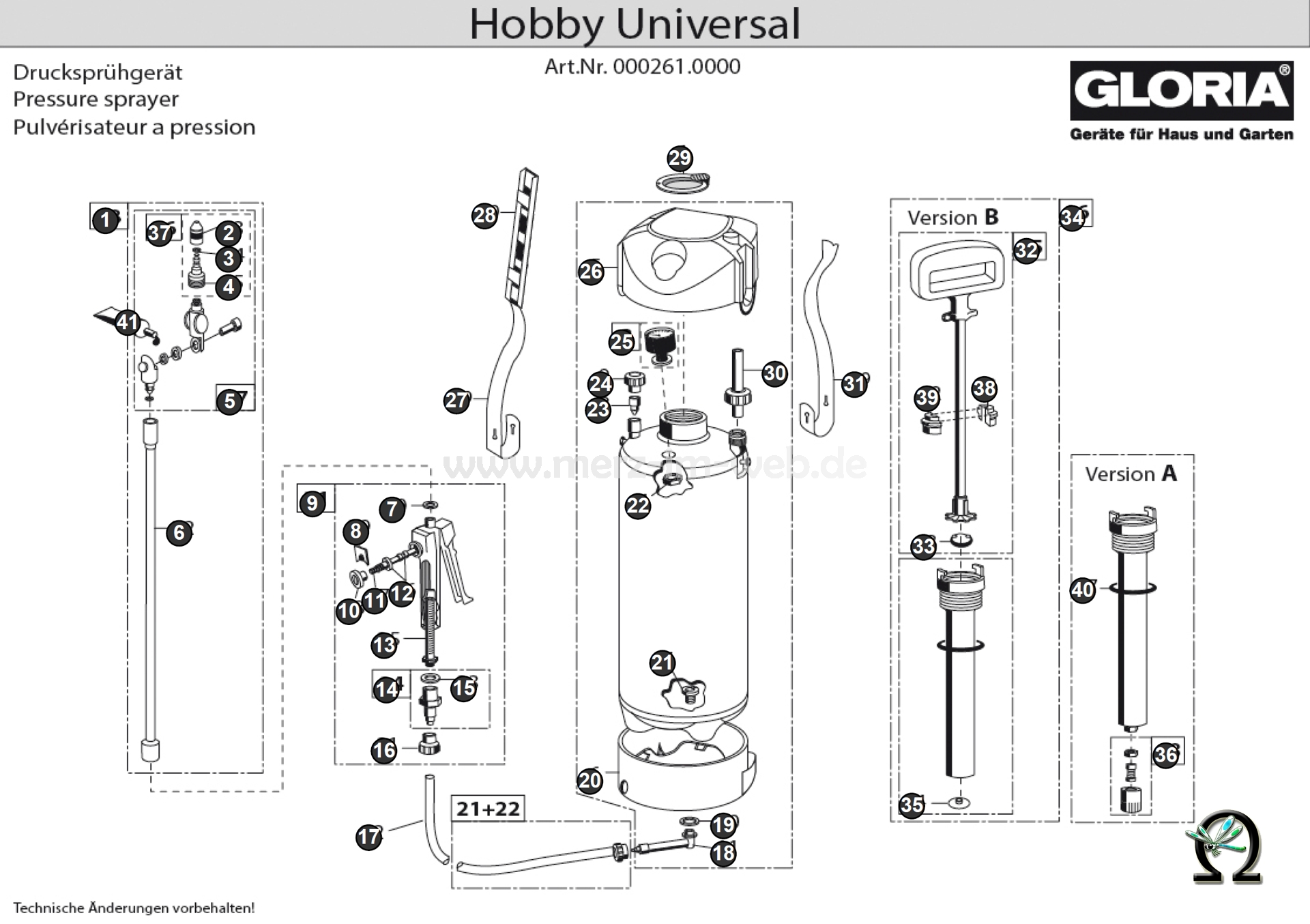 Drucksprühgerät Gloria hobby Universal Zeichnung der Einzelteile