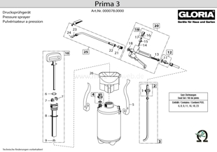 Explosionszeichnung mit Ersatzteilliste für das Drucksprühgerät Gloria Prima 3