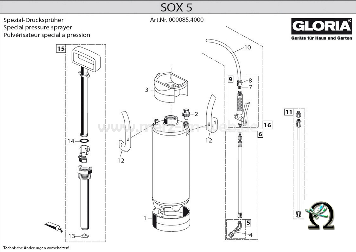 Die Ersatzteilzeichnung mit der Teileliste für das Spezial-Drucksprühgerät Gloria SOX 5 zum herunterladen und ausdrucken.