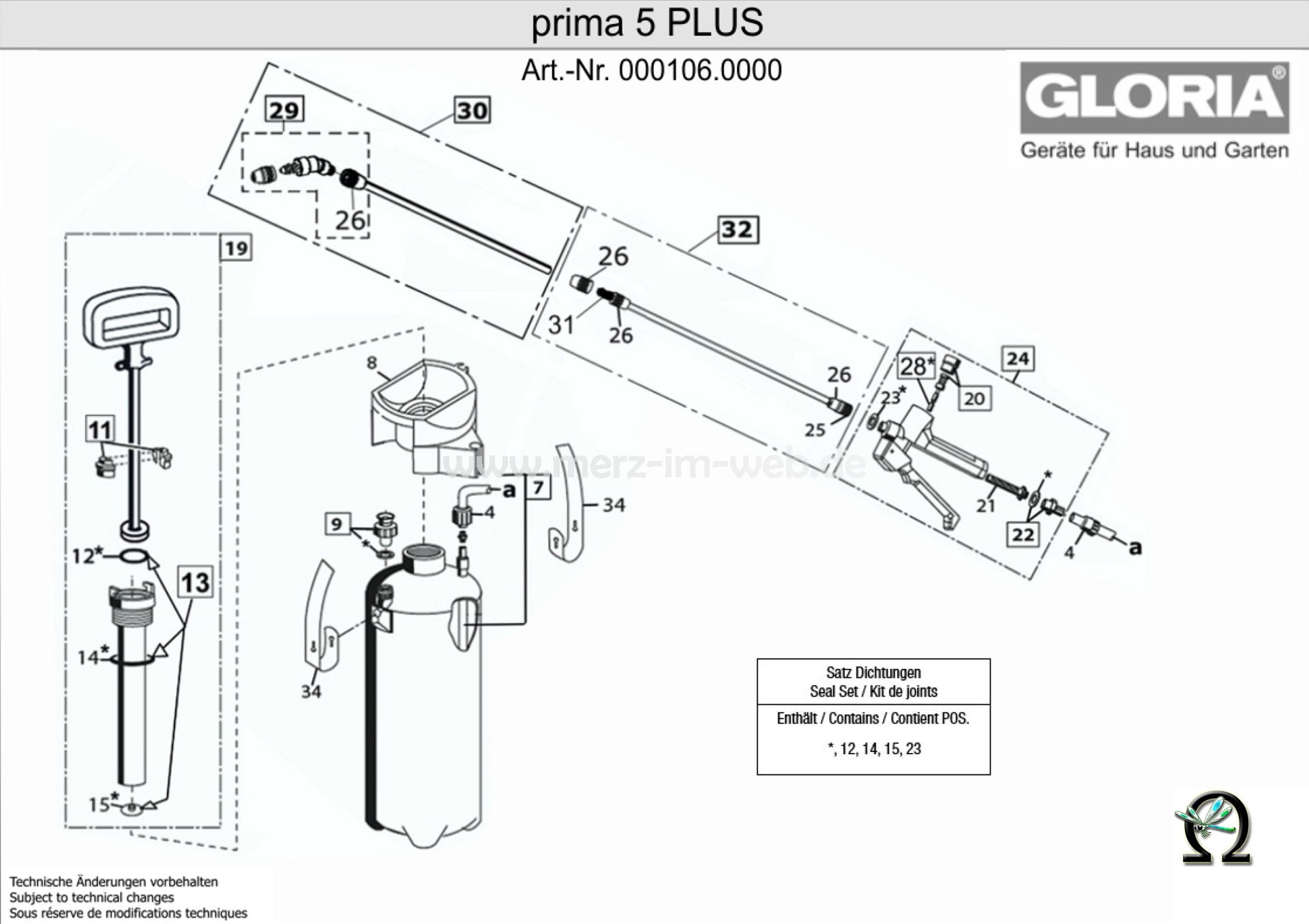 Die Ersatzteilzeichnung mit der Teileliste für das Drucksprühgerät Gloria prima 5 Plus zum herunterladen und ausdrucken.