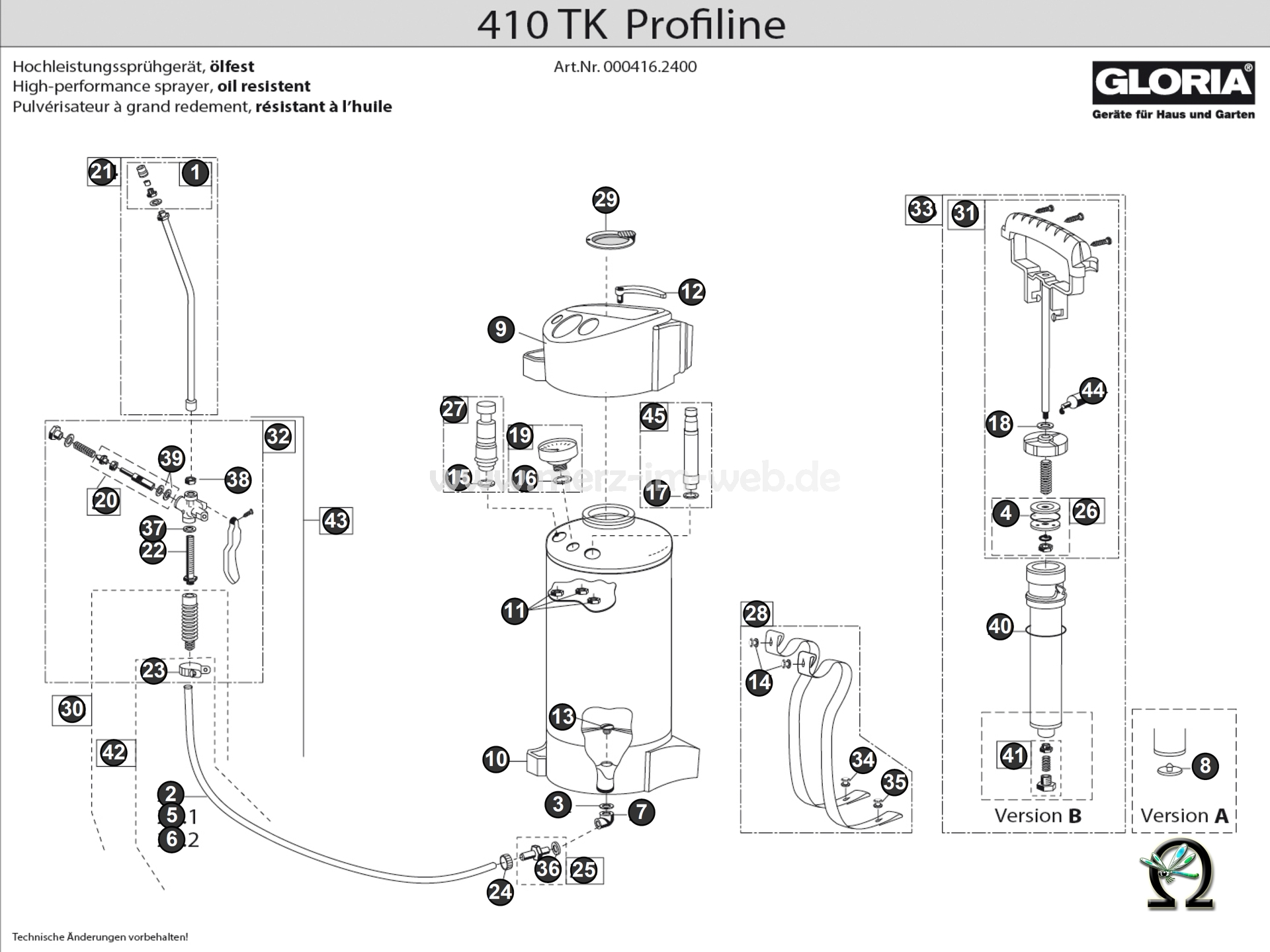 Gloria Hochdrucksprühgerät 410 TK Profiline mit Kompressoranschluss Zeichnung der Einzelteile