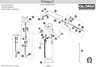 Explosionszeichnung mit Ersatzteilliste für das Drucksprühgerät Gloria Primex 5