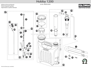 Explosionszeichnung mit Ersatzteilliste für das Rückensprühgerät Hobby 1200