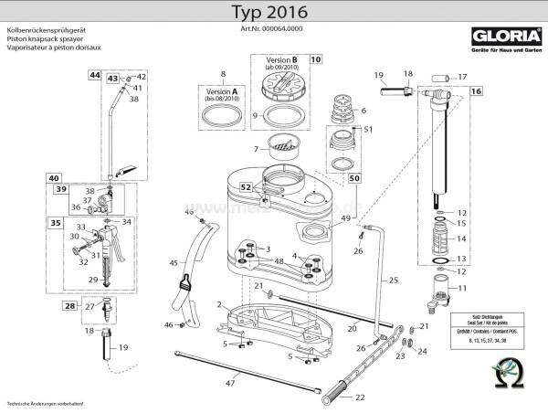 Kolbenrückensprühgerät Typ 2016, Zeichnung der Einzelteile, Bild Nr. 2, GLORIA Behälterfuss für Kolbenrückensprühgerät Typ 2016