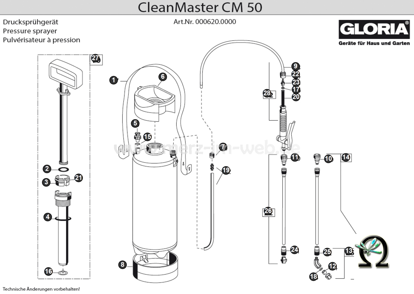 Drucksprühgerät Gloria CleanMaster CM 50, Zeichnung der Einzelteile