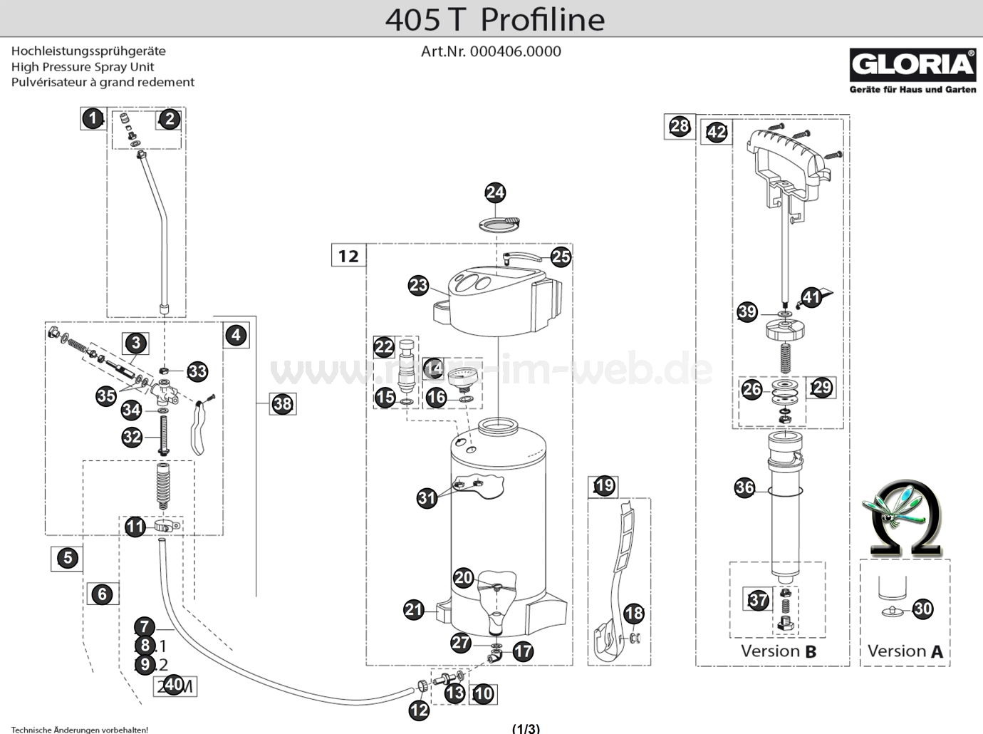 Hochleistungssprühgerät Gloria 405 T Profiline Zeichnung der Einzelteile