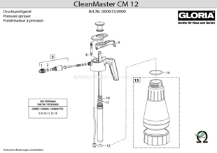 Explosionszeichnung mit Ersatzteilliste für das Handsprühgerät Gloria CleanMaster CM 12