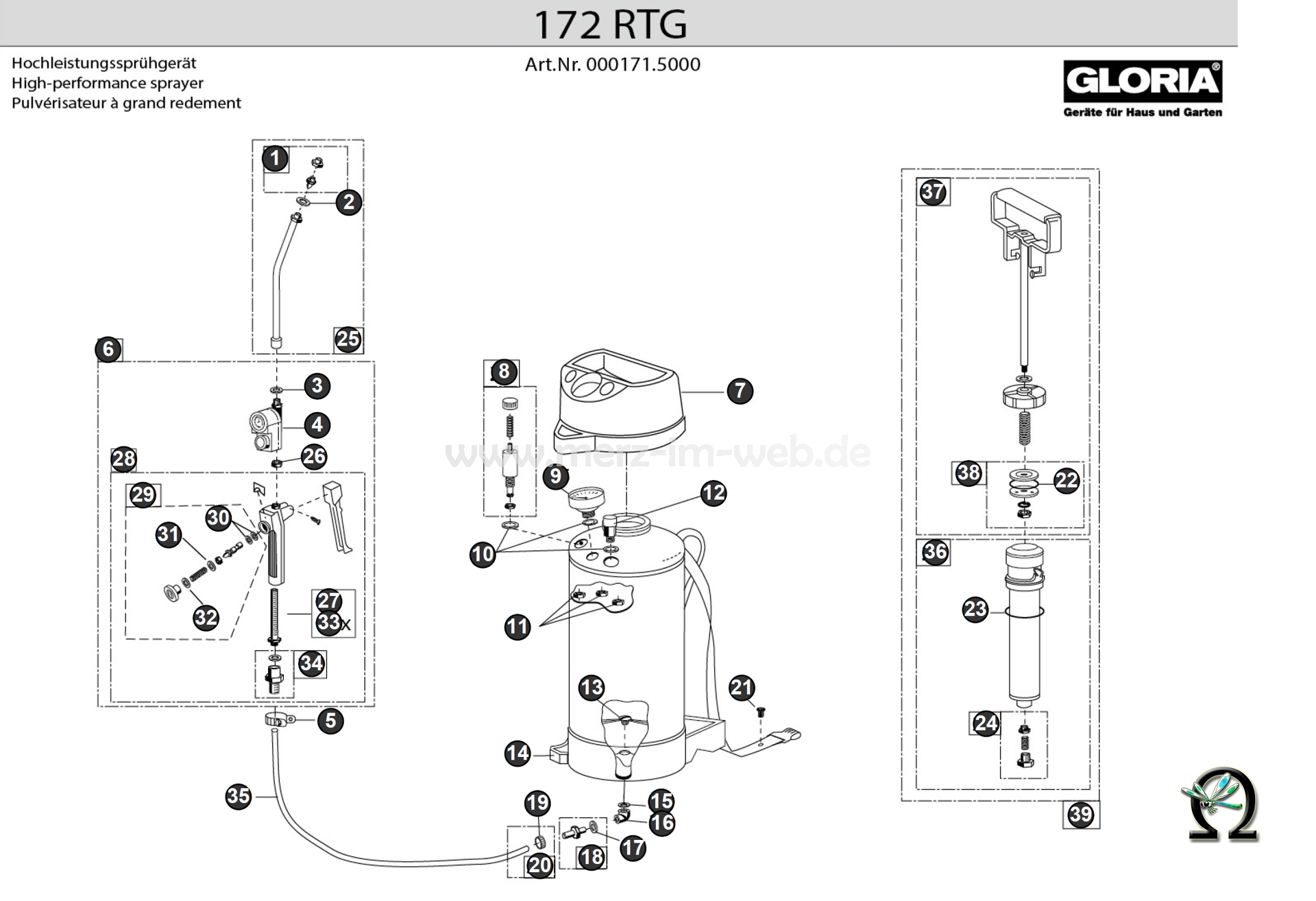 Die Ersatzteilzeichnung mit der Teileliste für das Gloria Hochleistungssprühgerät 172 RTG zum herunterladen und ausdrucken.