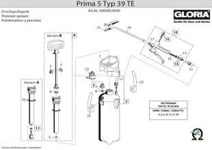 Explosionszeichnung mit Ersatzteilliste für das Drucksprühgerät Gloria Prima 5 Typ 39 TE