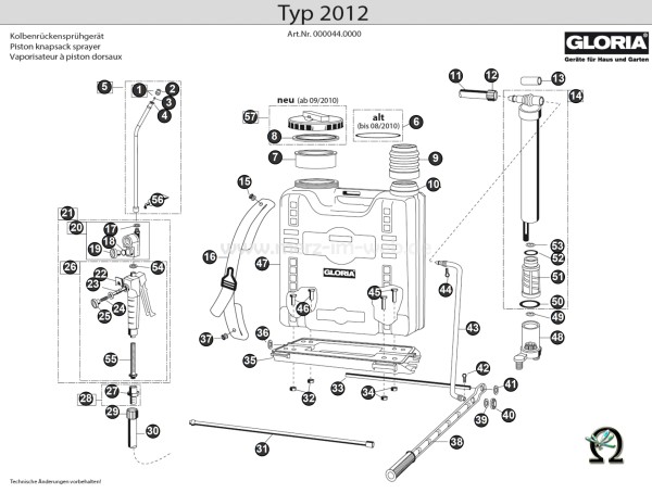 Kolbenrückensprühgerät Typ 2012, Zeichnung der Einzelteile, Bild Nr. 42 und 44, GLORIA Splint 610174