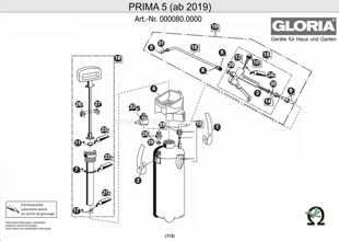 Explosionszeichnung mit Ersatzteilliste für das Drucksprühgerät Gloria Prima 5