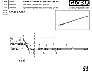 GLORIA Kunststoff-Teleskop-Sprühlanze m. Düse 000122, Zeichnung der Einzelteile