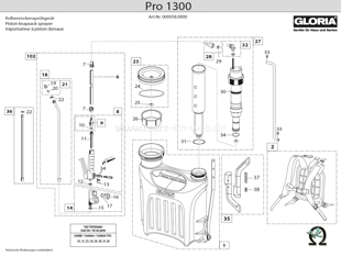 Gloria Kolbenrückensprühgerät Pro 1300, Zeichnung der Einzelteile