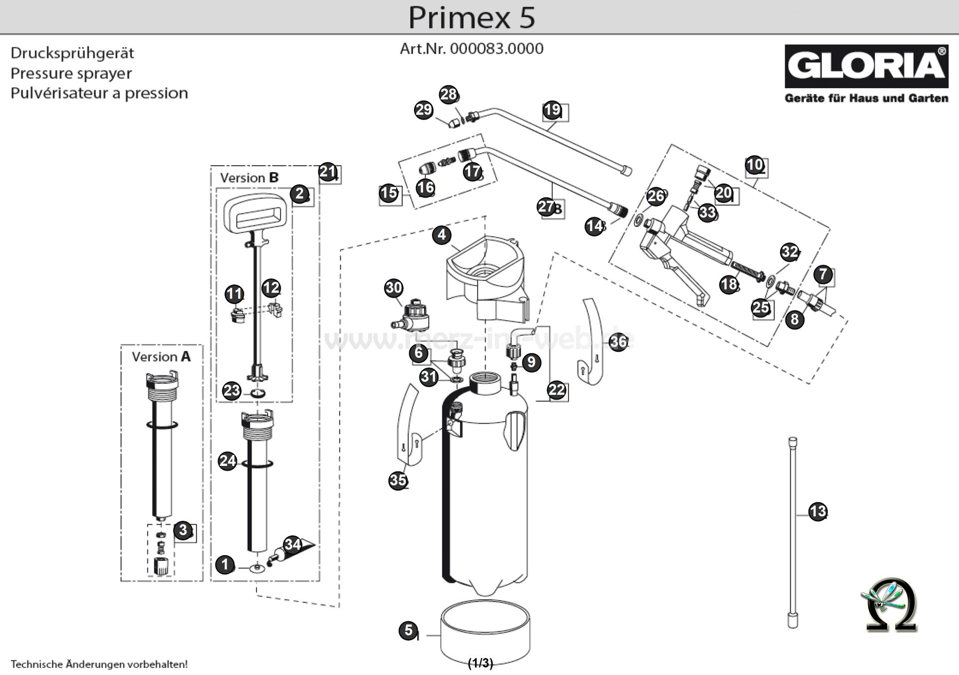Die Ersatzteilzeichnung mit der Teileliste für das Drucksprühgerät Gloria primex 5 zum herunterladen und ausdrucken.