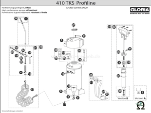 Hochdrucksprühgerät GLORIA 410 TKS Profiline mit Kompressoranschluss und Spiralschlauch, Zeichnung der Einzelteile