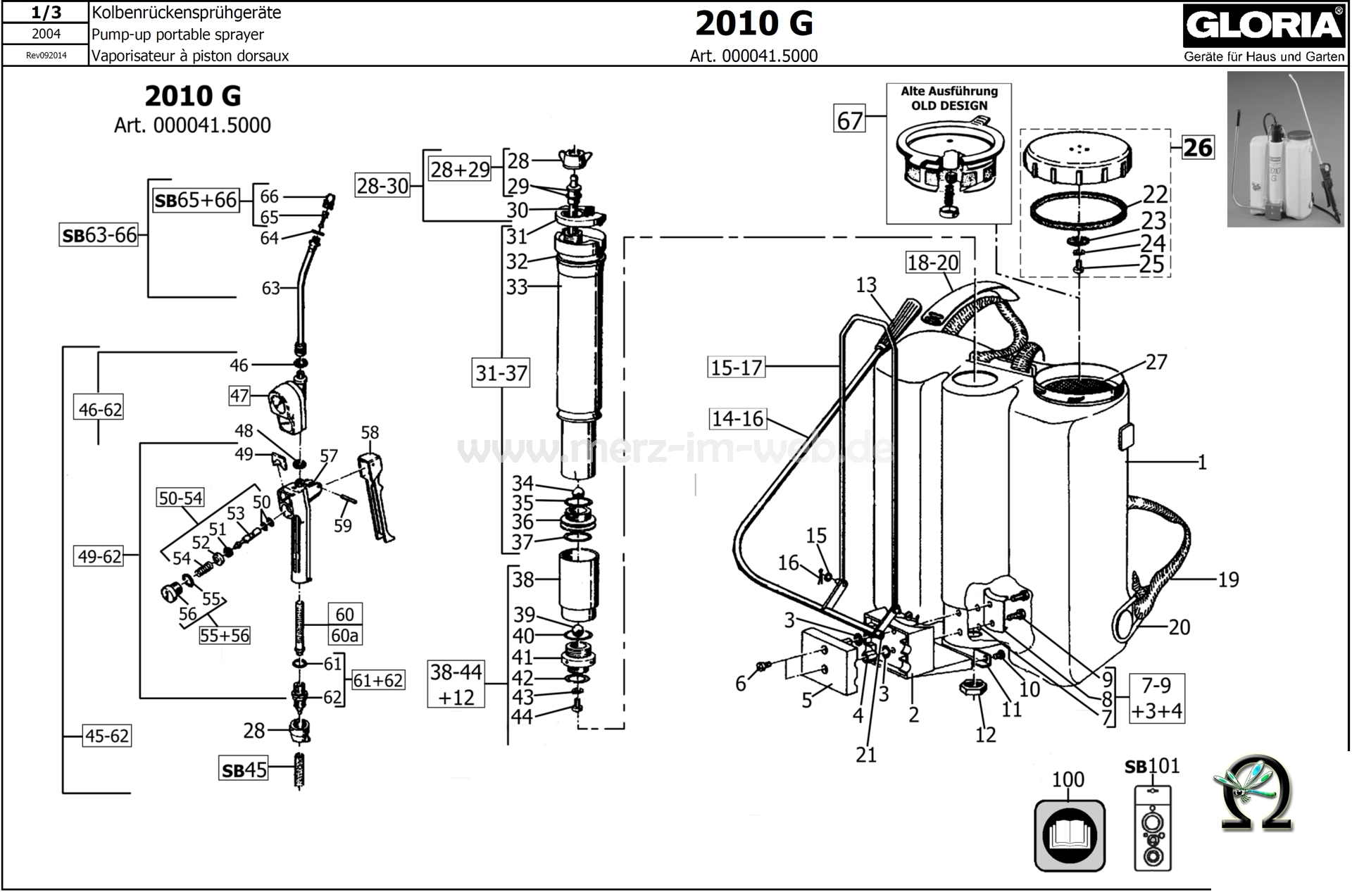 Die Ersatzteilzeichnung mit der Teileliste für das Kolbenrückensprühgerät Gloria 2010 G zum herunterladen und ausdrucken.