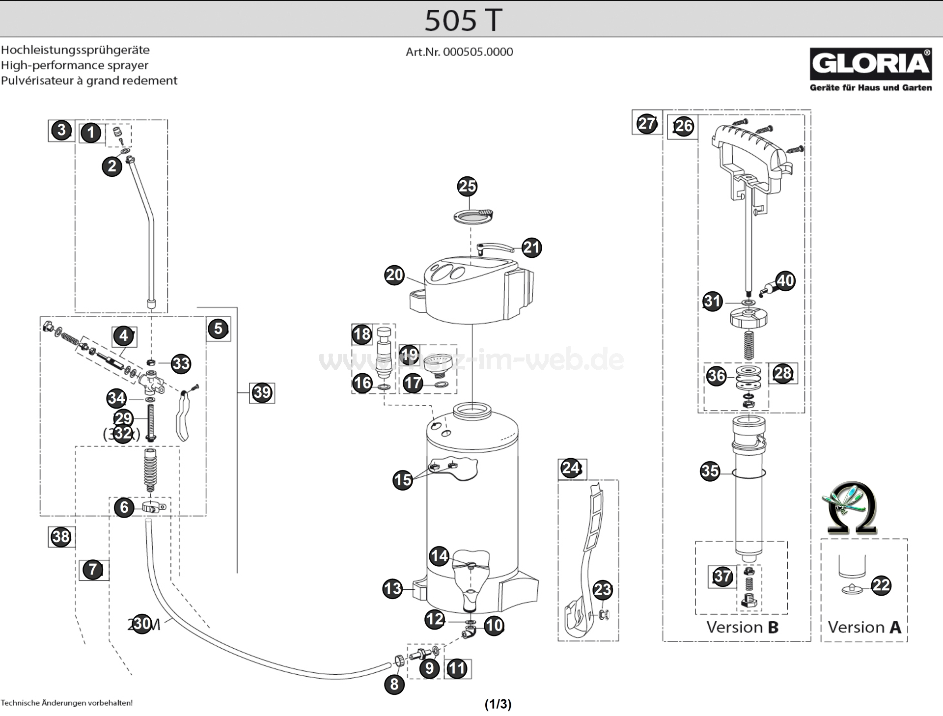 Die Ersatzteilzeichnung mit der Teileliste für das Gloria Hochleistungssprühgerät 505 T zum herunterladen und ausdrucken.