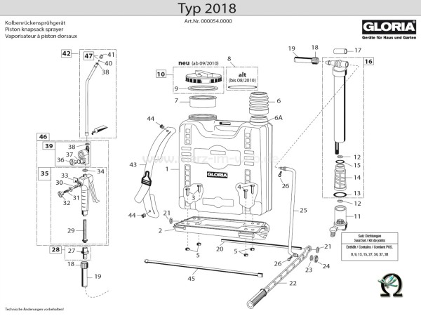 Kolbenrückensprühgerät Typ 2018, Zeichnung der Einzelteile, Bild Nr. 1, GLORIA Behälter für Kolbenrückensprühgerät Typ 2018
