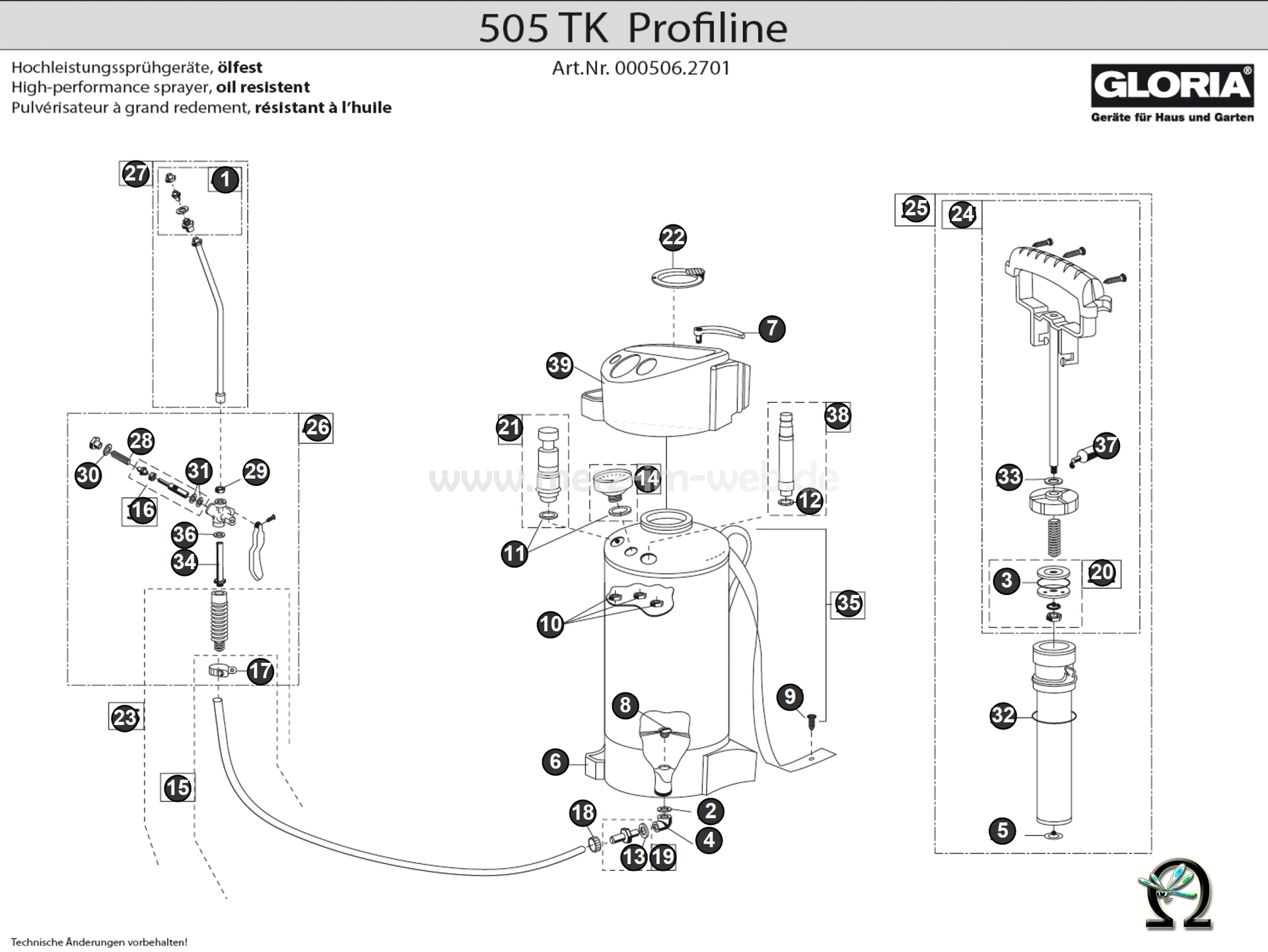 Gloria Hochleistungssprühgerät 505 TK Profiline Zeichnung der Einzelteile