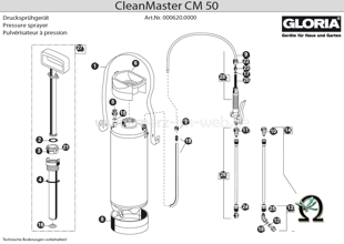 Explosionszeichnung mit Ersatzteilliste für das Drucksprühgerät Gloria CleanMaster CM 50