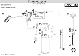 Explosionszeichnung mit Ersatzteilliste für das Drucksprühgerät Gloria Klick&Go Refill Kompettsystem