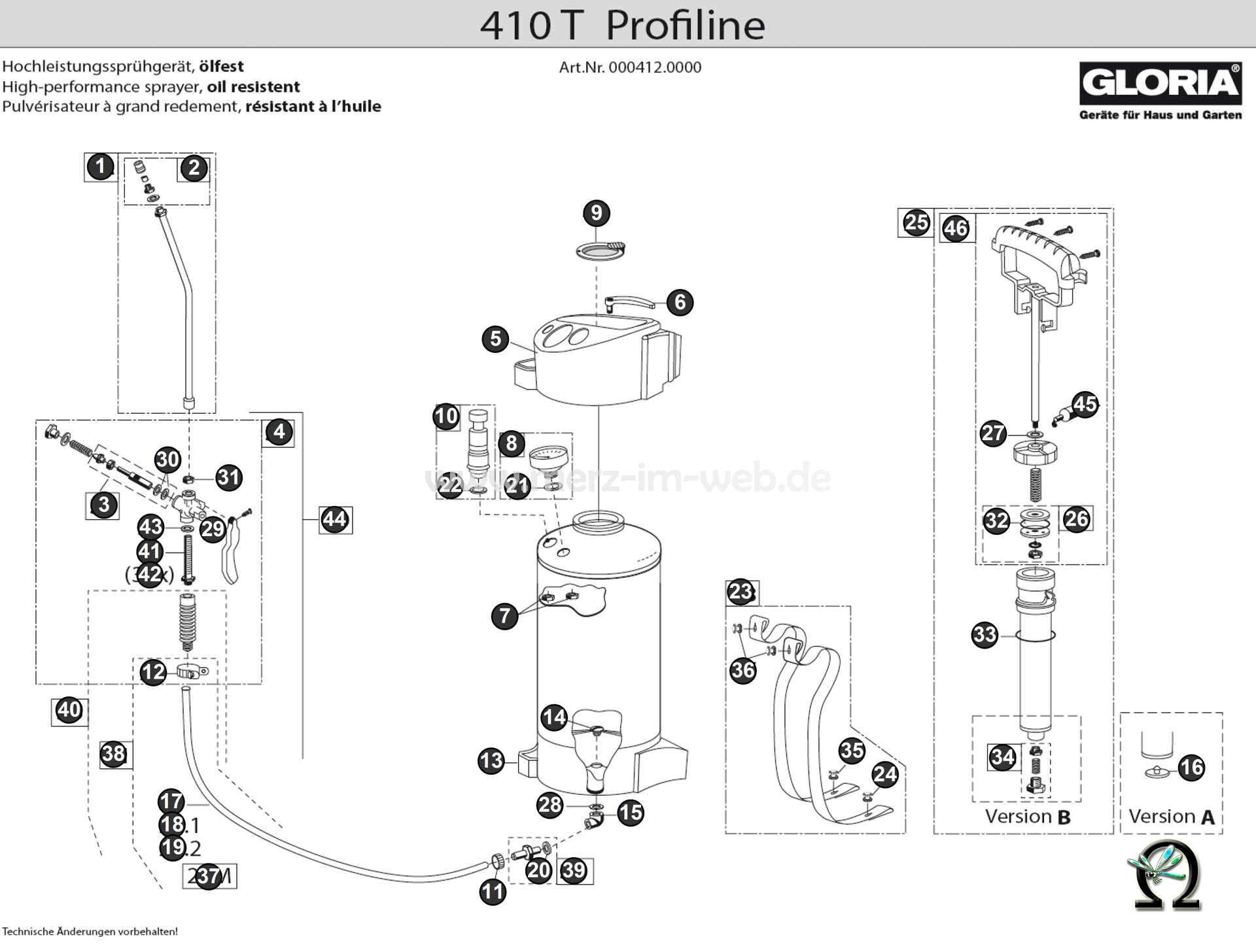 Gloria Hochdrucksprühgerät 410 T Profiline Zeichnung der Einzelteile