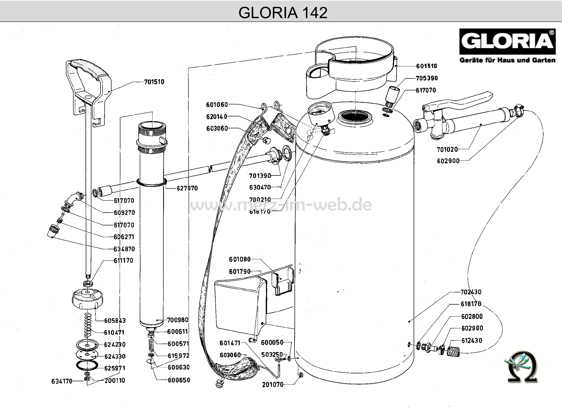 Die Ersatzteilzeichnung mit der Teileliste für das Gloria Hochleistungssprühgerät 142 zum herunterladen und ausdrucken.