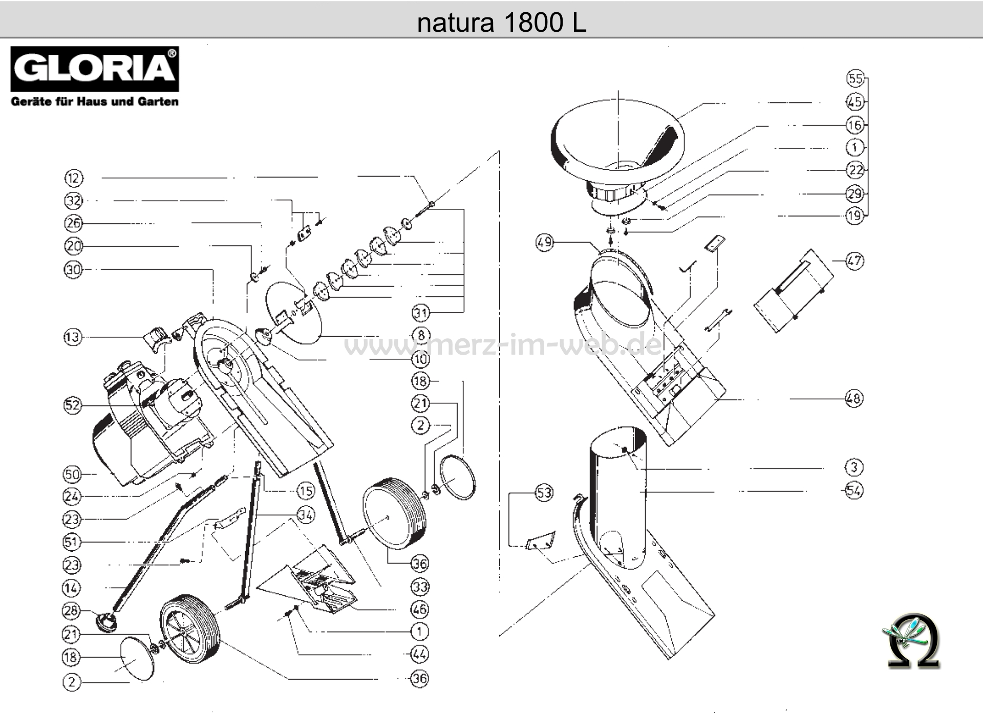 Gloria Gartenhäcksler natura 1800 L, Zeichnung der Einzelteile